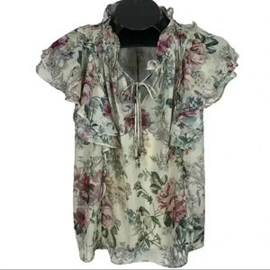 SECRET MISSION Katherine Chiffon Blouse Top With Floral Print and Ruffle Detail